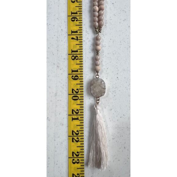 23" Long Gold Tone Neutral Stone Bead Tassel Pendant Necklace 3" Extender NEW - Picture 8 of 8